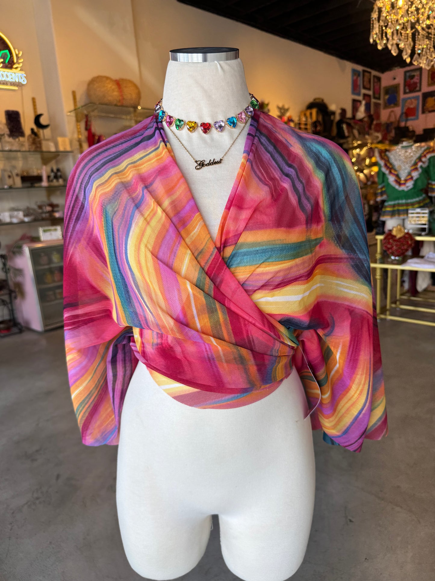 Rainbow Swirl Mesh Mariposa Wrap Top