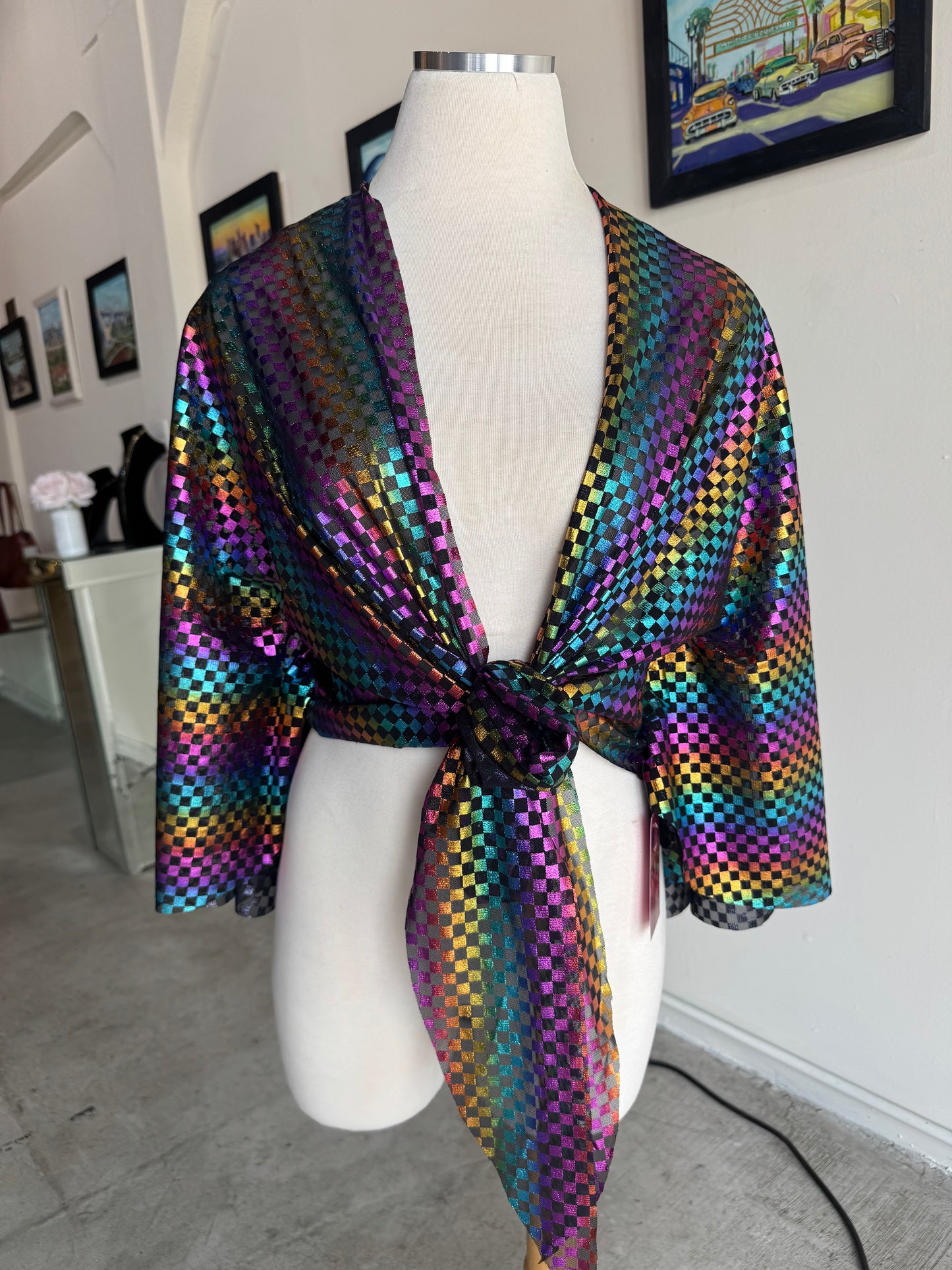Rainbow Checkered Mariposa Wrap Top