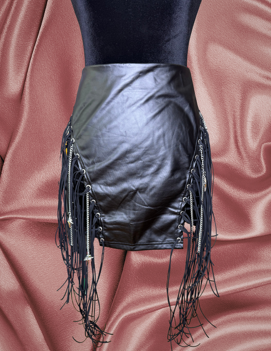 Baddie Faux Leather Fringe Skirt
